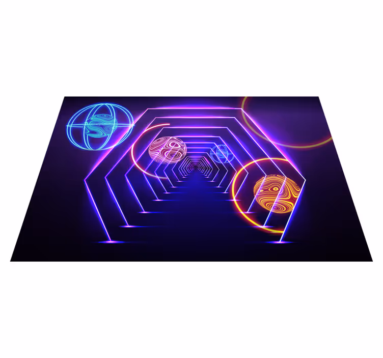 Alfombra vinílica morada vista de túnel hexagonal neón - TenVinilo