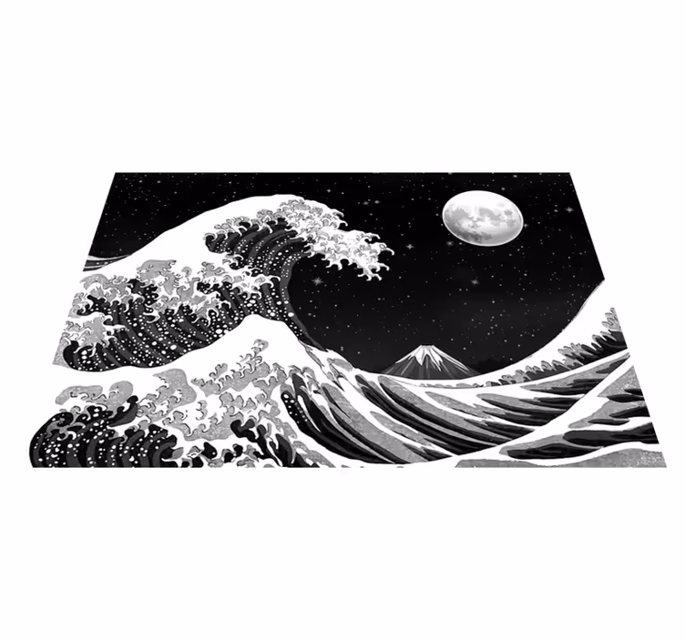 Alfombra vinílica negra olas de kanagawa de noche - TenVinilo