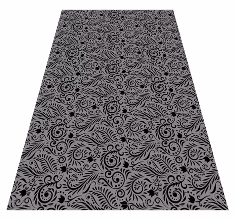Alfombra vinílica negra con patrones de remolinos ornados - TenVinilo