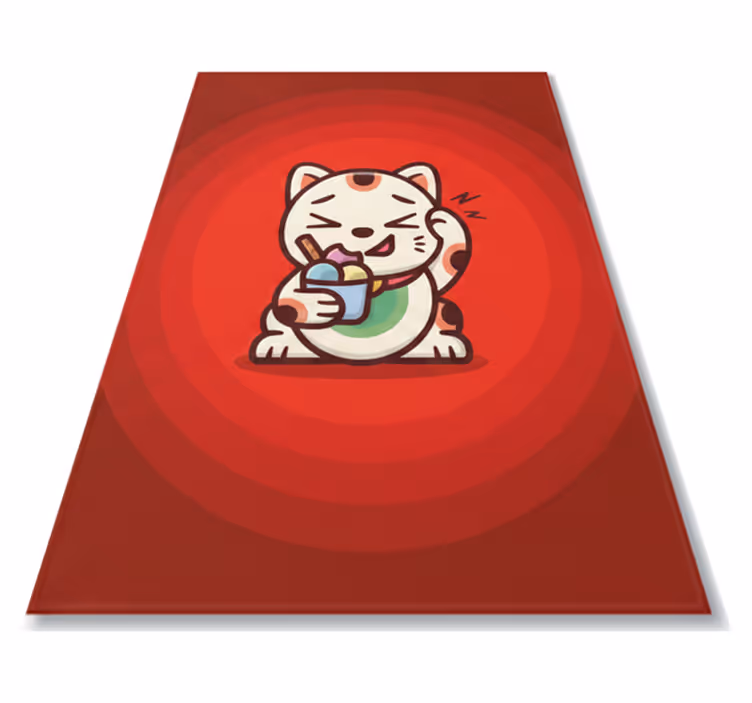 Alfombra vinílica roja gato encantador con helado - TenVinilo