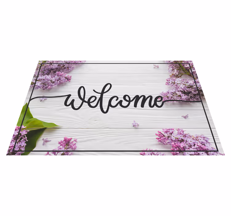 Alfombra vinílica frase entrada floral de bienvenida - TenVinilo
