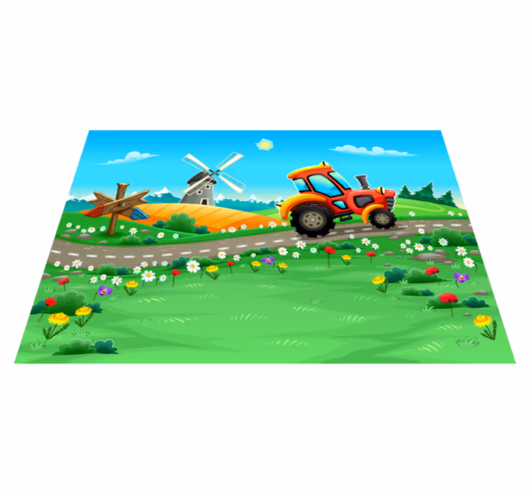 Alfombra de vinilo infantil escena juguetona del tractor - TenVinilo