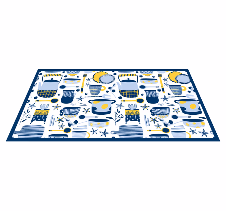 Alfombra vinílica cocina patrón azul utensilios - TenVinilo