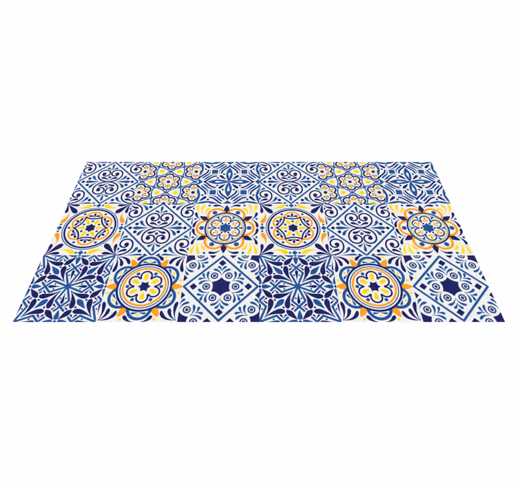 Alfombra vinílica azulejos azules florales - TenVinilo