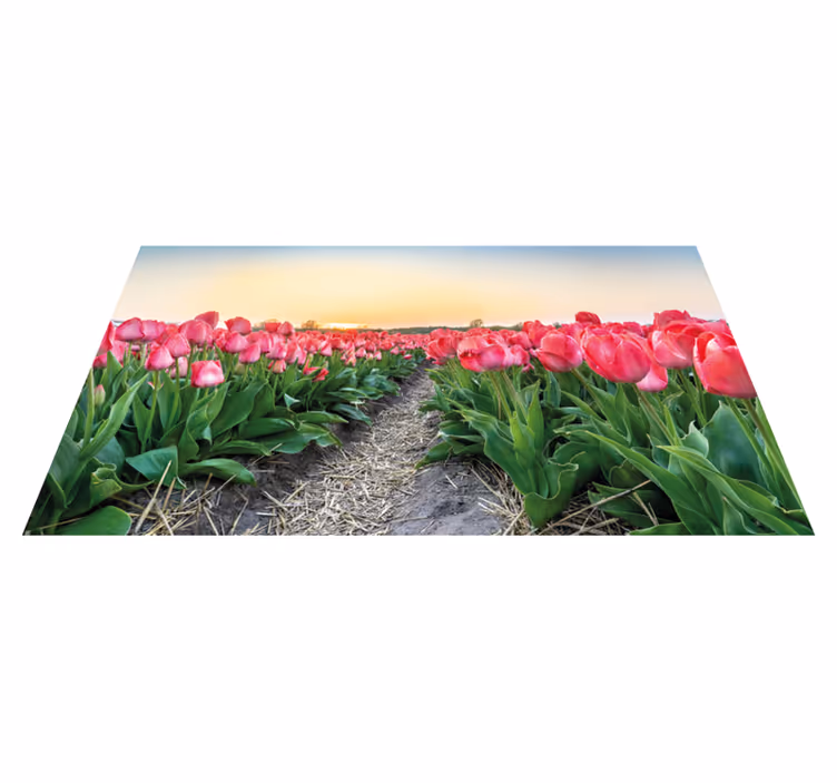 Alfombra vinilo cocina Campo de tulipanes verde rosa - TenVinilo