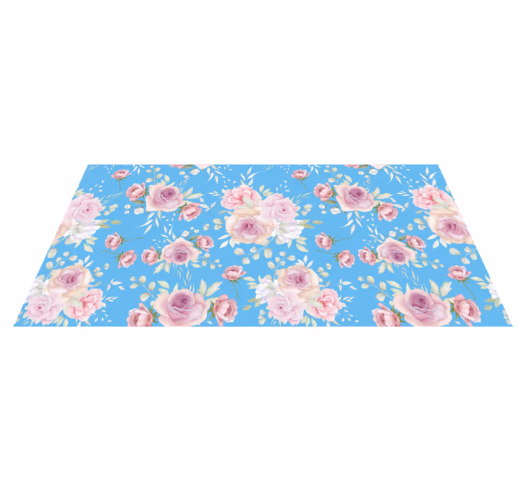 Alfombra vinílica flores flores rosas sobre azul - TenVinilo