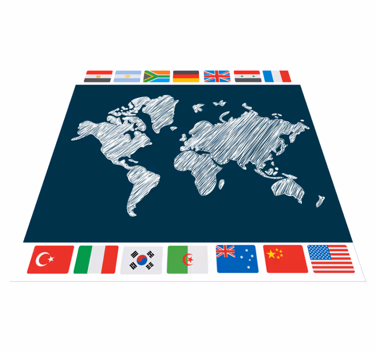 Alfombra de vinilo mapamundi Fondo azul con banderas de países - TenVinilo