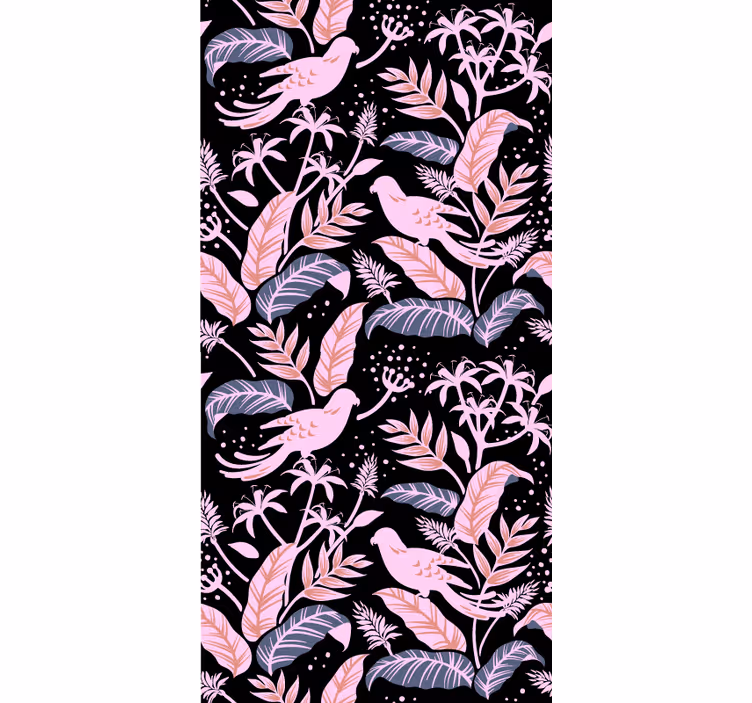 Papel tapiz infantil pájaros negros y rosas en hojas - TenVinilo