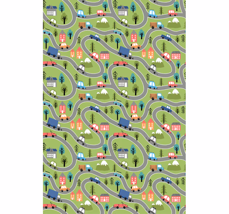 Papel tapiz infantil caminos de vehículos coloridos - TenVinilo