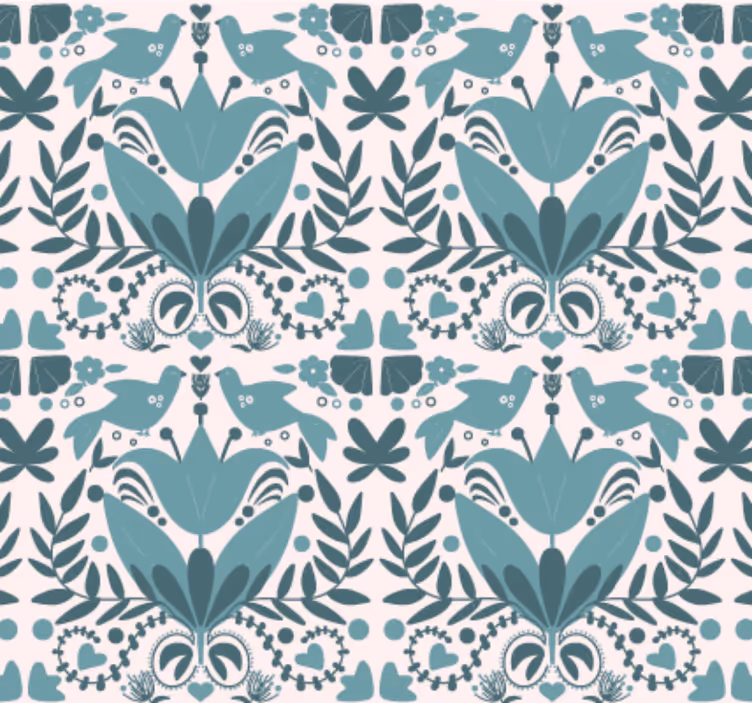 Papel tapiz cocina patrón folclórico azul con aves - TenVinilo