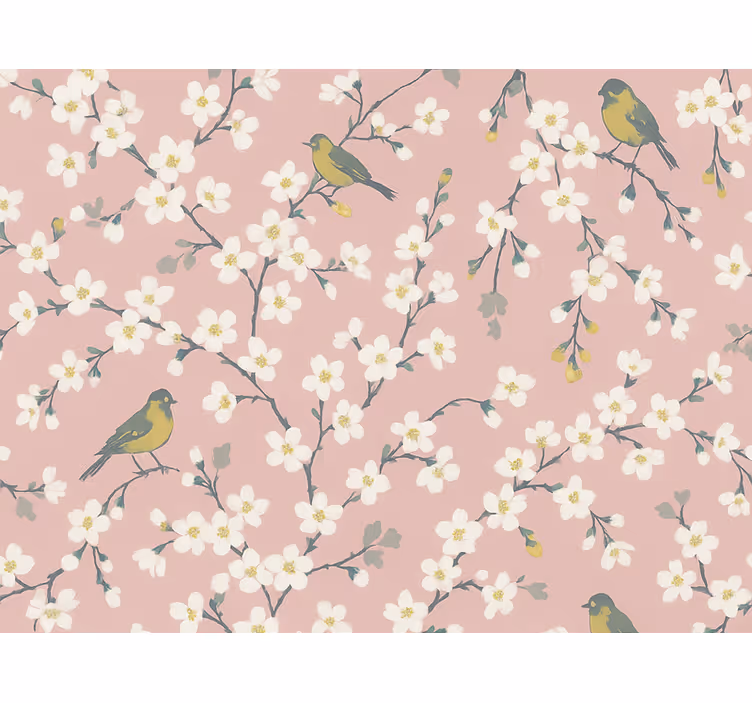 Papel tapiz flores aves del jardín rosa - TenVinilo