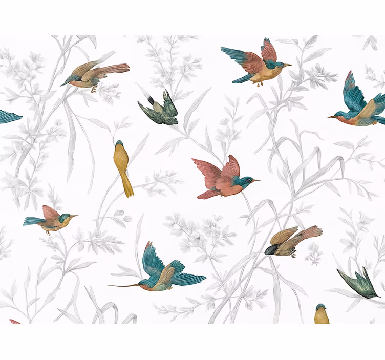 Papel tapiz para sala patrón de pájaros y hojas - TenVinilo