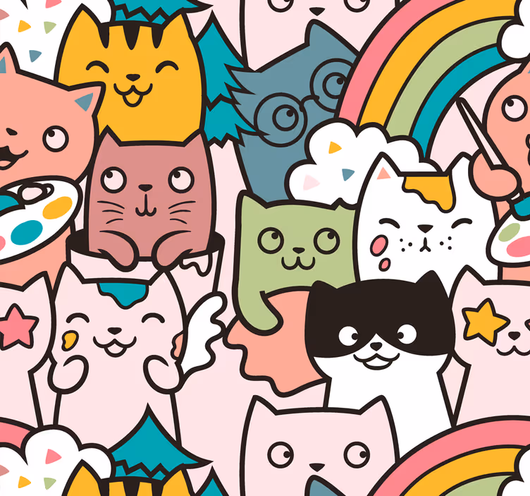 Papel tapiz para recámara diseño de gatos en colores pastel - TenVinilo