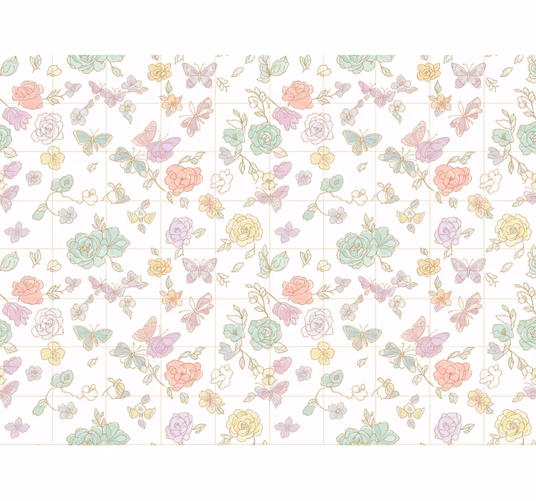 Papel tapiz flores mariposa en suaves colores - TenVinilo