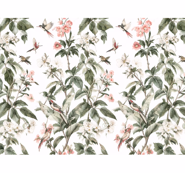 Papel tapiz hojas flores blancas y rosas - TenVinilo