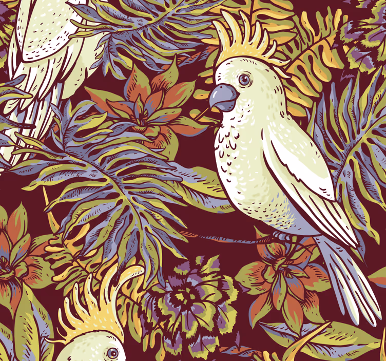 Papel pintado para sala floral de loros - TenVinilo