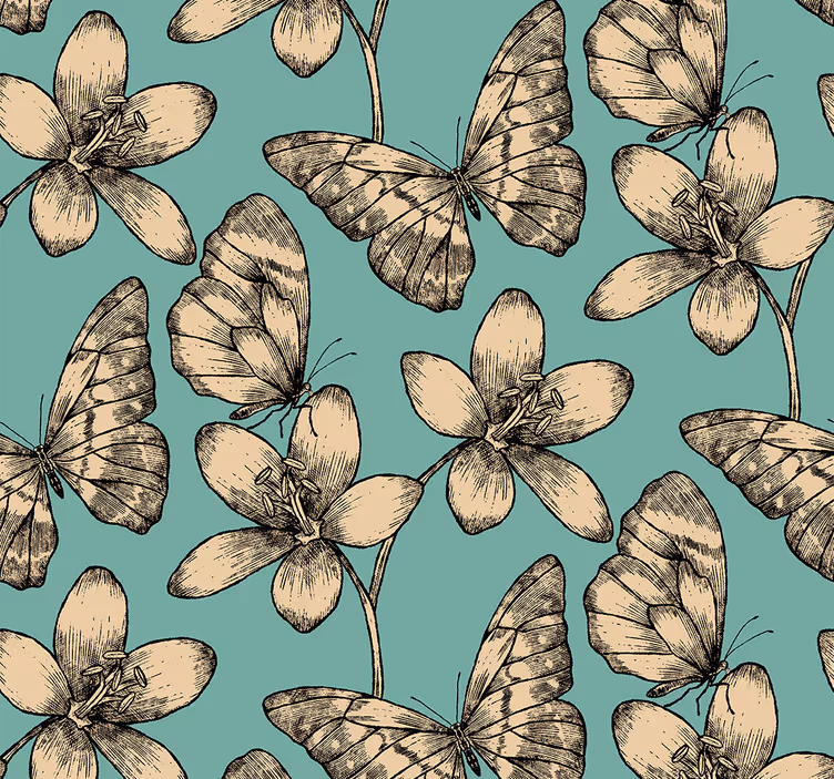 Papel tapiz mariposas flores beige sobre fondo azul - TenVinilo