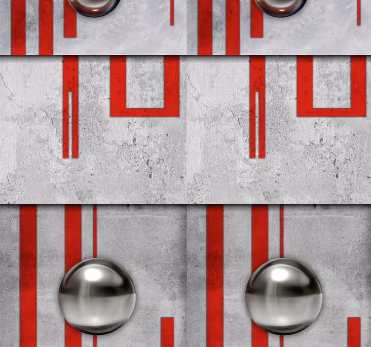 Papel pintado hormigón gris rayas rojas con esferas - TenVinilo
