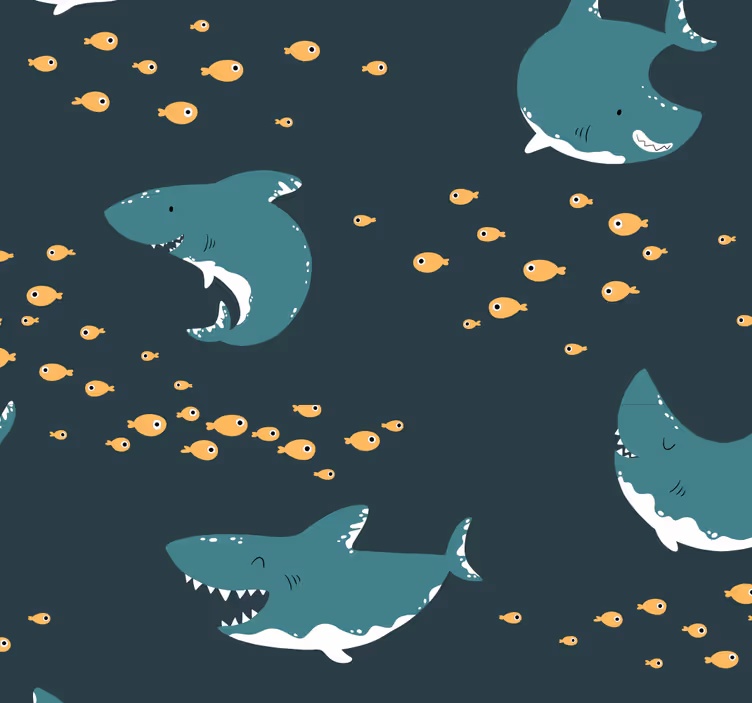 Papel tapiz infantil tiburones felices y amigables - TenVinilo