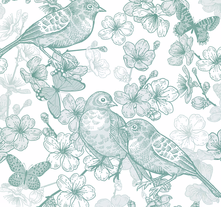 papel pintado troncos Colores claros con pájaros y ramas - TenVinilo