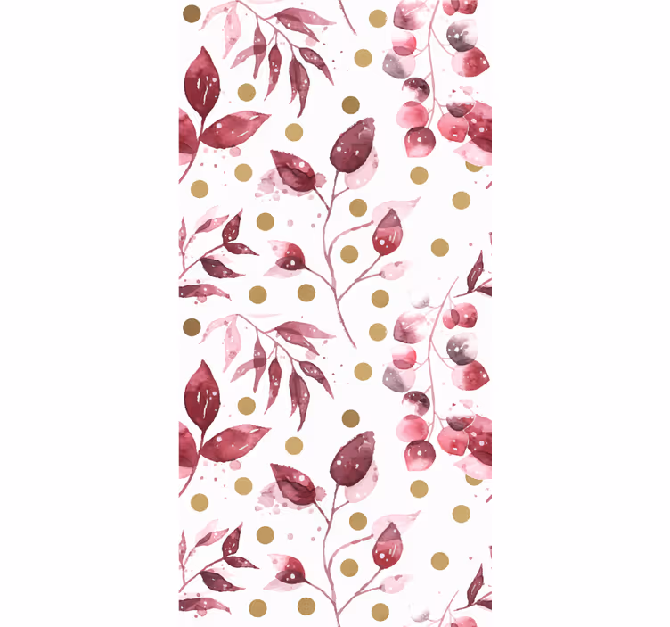 Papel pintado flores Hojas de color burdeos y puntos dorados - TenVinilo