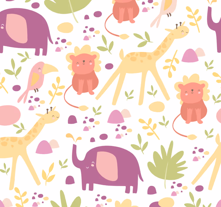 Papel tapiz bebé animales felices en tonos pastel - TenVinilo