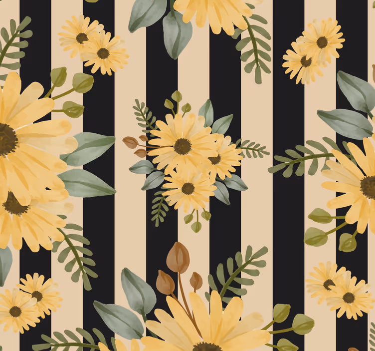 Papel tapiz floral patrón de girasol a rayas - TenVinilo