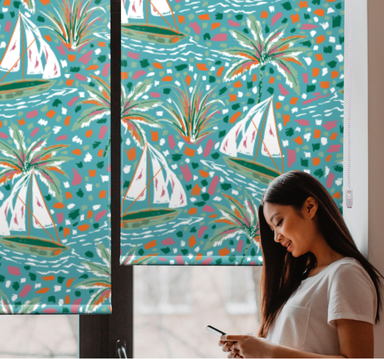 Cortina roller floral barcos de vela y palmeras - TenVinilo