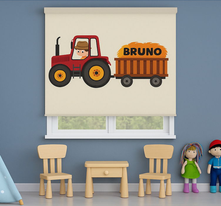 Cortina roller infantil diseño de tractor con nombre - TenVinilo