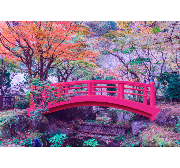 Fotomural de arboles Bosque de fantasía con puente multicolor - TenVinilo