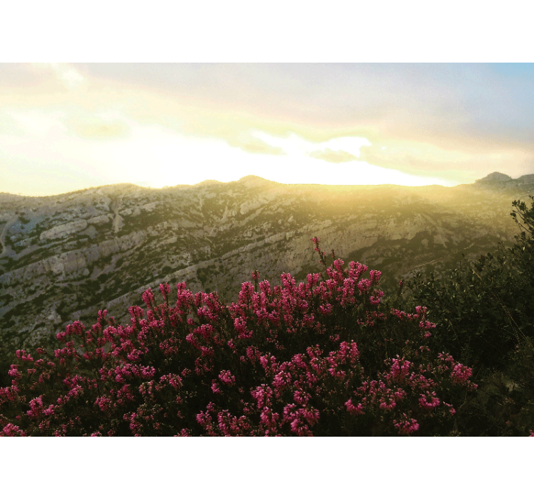 Fotomural baño Montaña y flores rosadas - TenVinilo