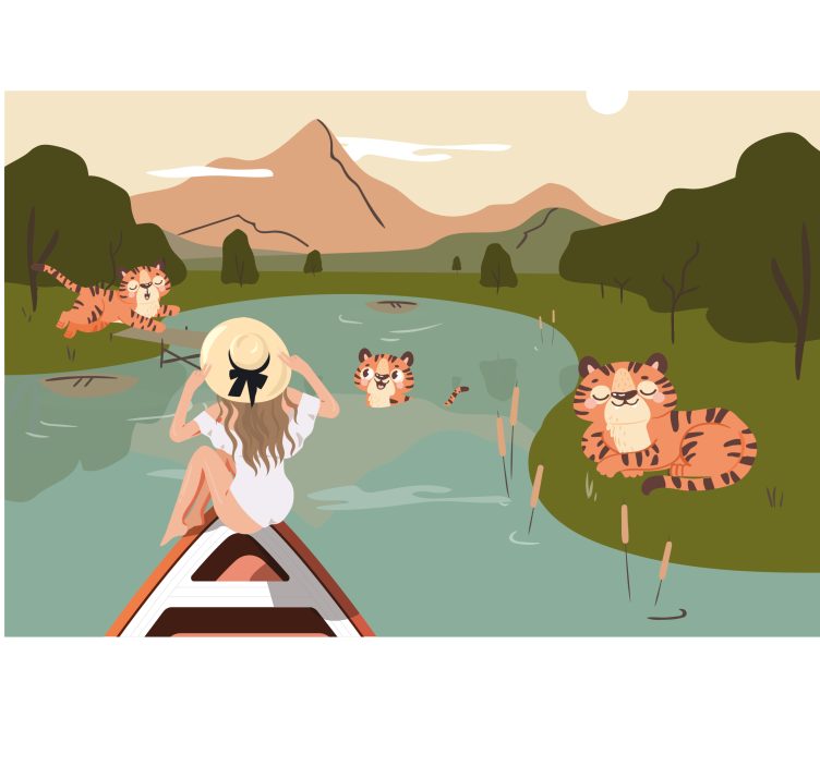 Mural infantil escena de aventura con tigres - TenVinilo