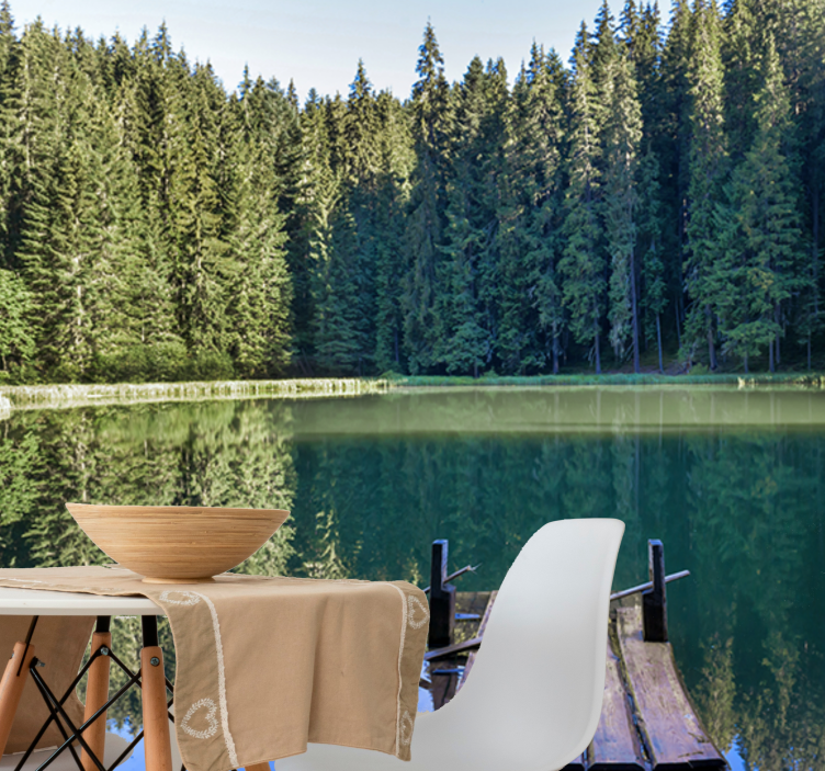 Fotomural de bosque Lago con árboles verdes detrás - TenVinilo