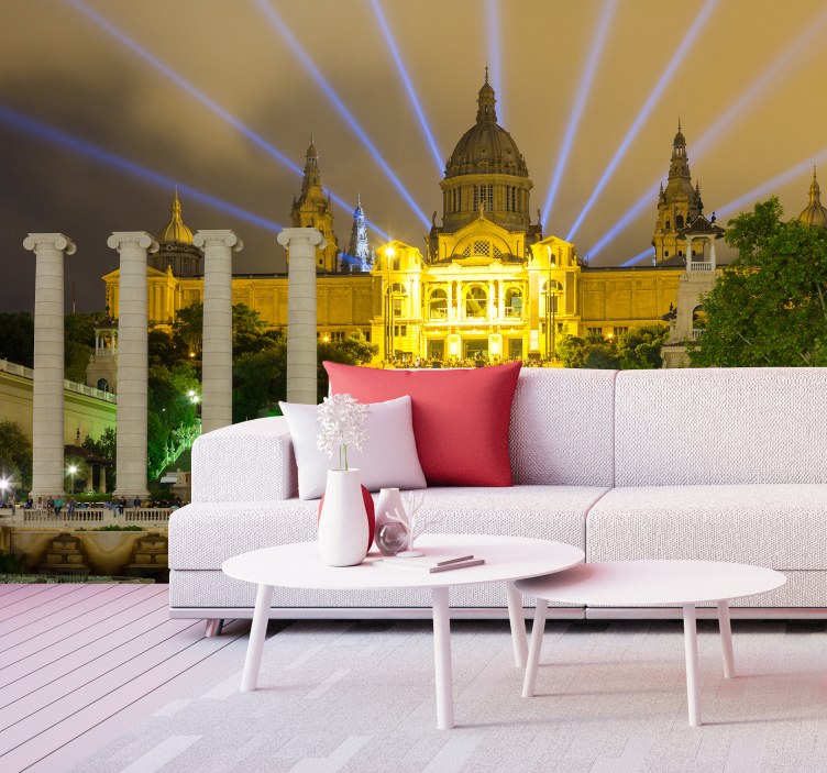 Fotomural de ciudad Barcelona Montjuic de noche - TenVinilo