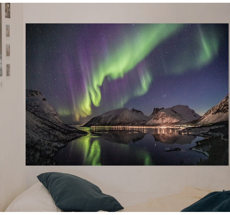 Fotomural naturaleza Aurora boreal noruega montañas nevadas - TenVinilo