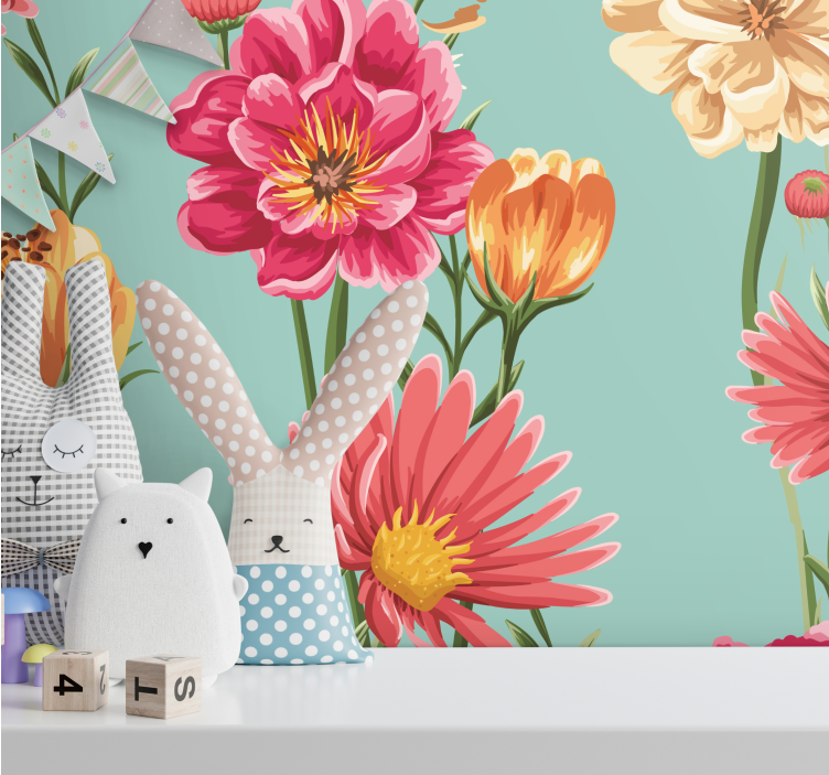 Fotomural flores Flores de colores fondo azul - TenVinilo