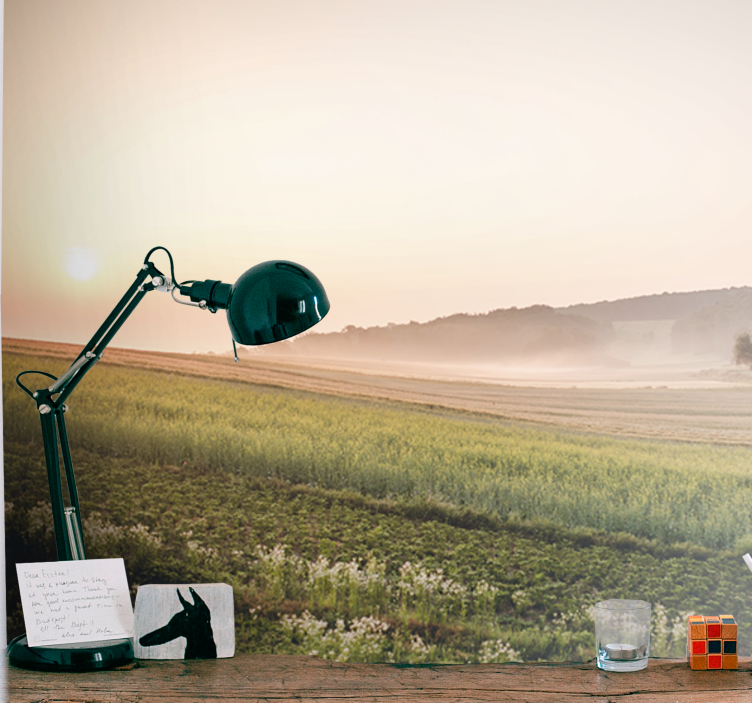 Fotomural de montañas Puesta de sol en los campos verdes - TenVinilo