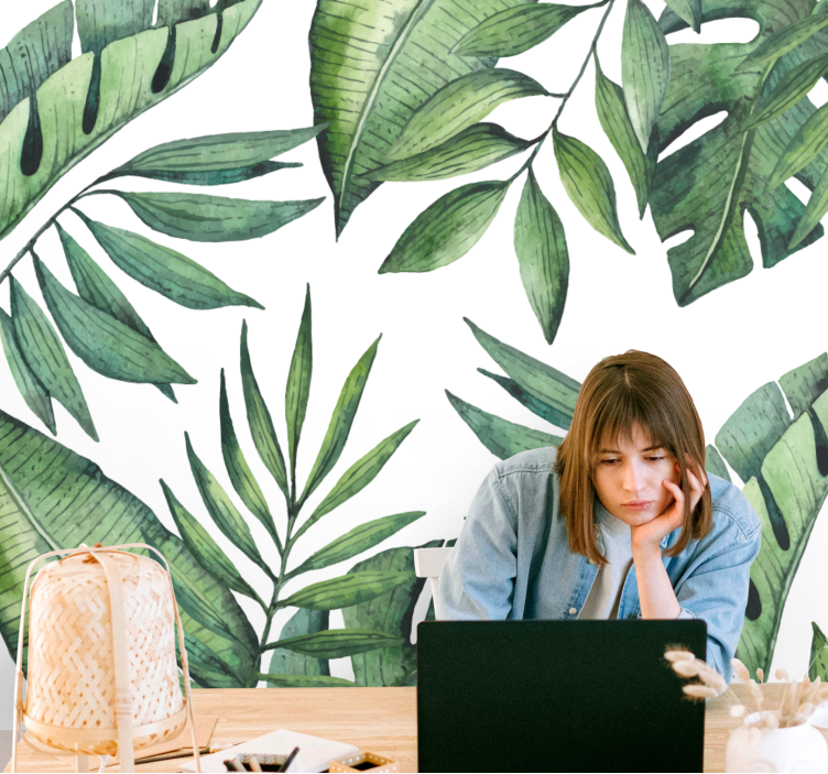 Mural para salón Diferentes hojas tropicales con fondo blanco. - TenVinilo
