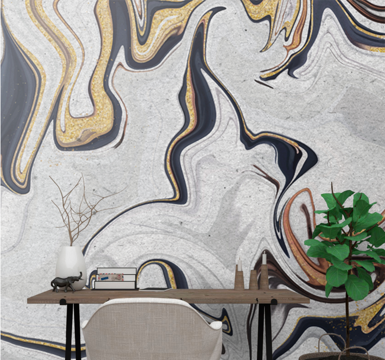 Mural para salón Efecto mármol dorado, blanco y negro - TenVinilo