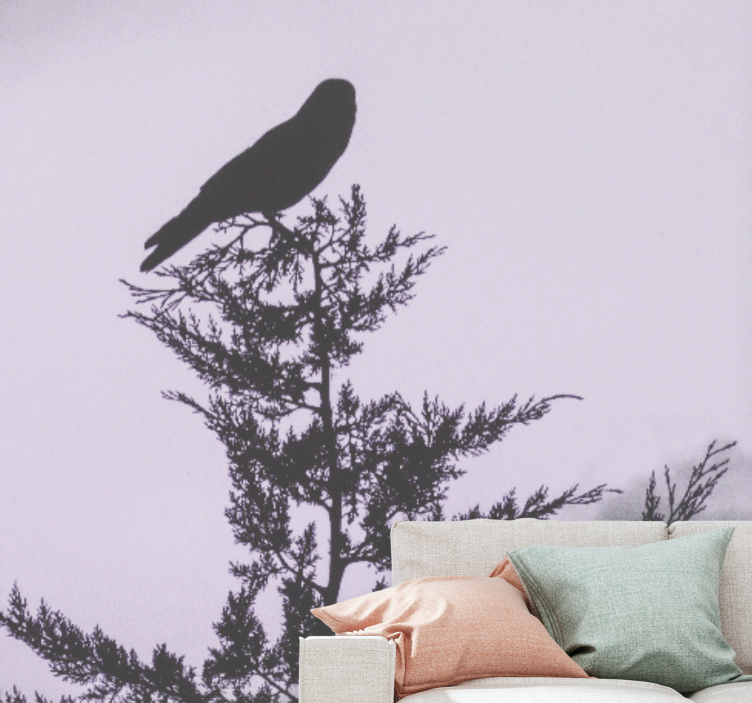 Mural para salón Pájaro negro en el árbol marrón - TenVinilo