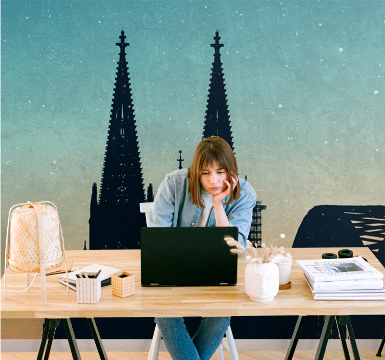 Mural ciudad siluetas de torres de catedral - TenVinilo