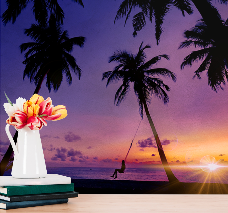 Mural de naturaleza palma meciéndose al atardecer - TenVinilo