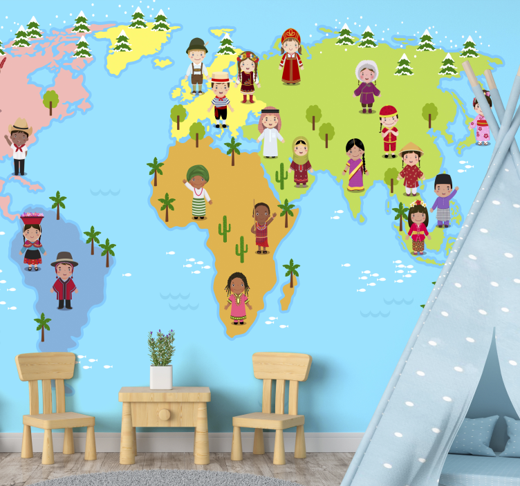 Mural mapamundi personajes del mapa cultural - TenVinilo