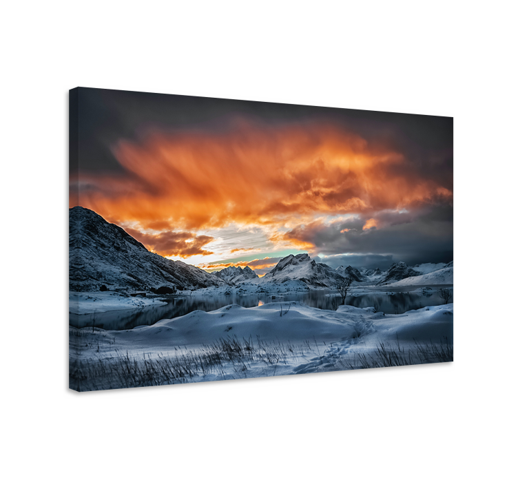 Cuadro paisaje atardecer en montañas de nieve - TenVinilo