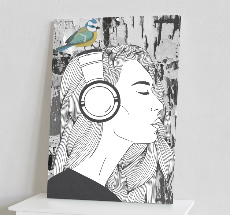 Cuadro en arte Mujer con auriculares y pájaro - TenVinilo
