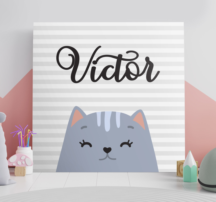 Cuadro infantil Gato de dibujos animados con nombre personalizado - TenVinilo