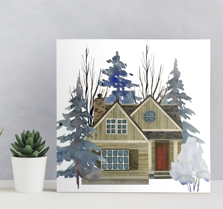 Cuadro rústico casa dibujada en el bosque - TenVinilo