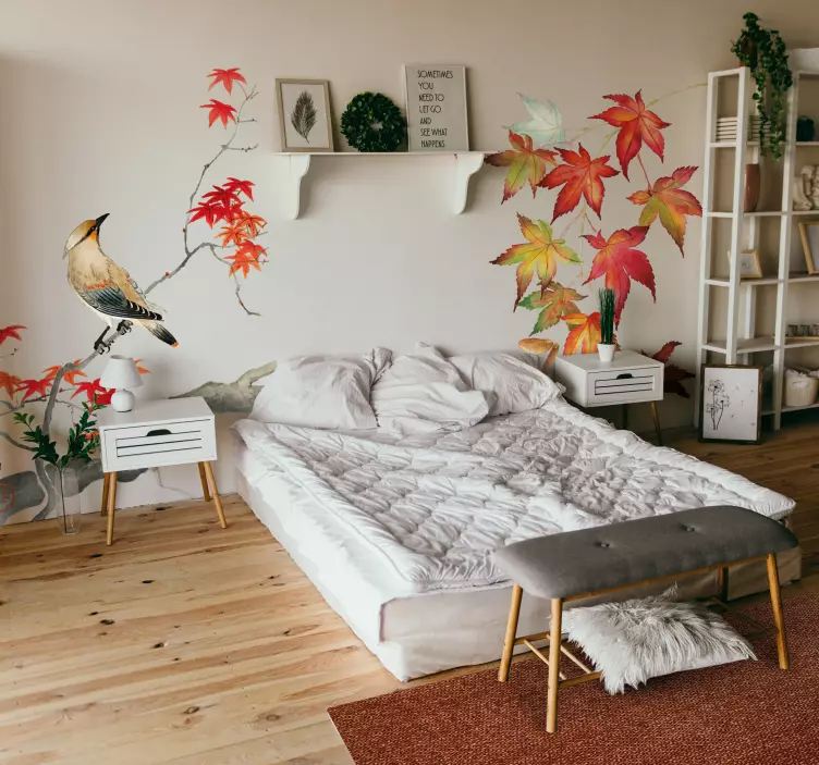 Vinilo pared de pájaro en rama de otoño - TenVinilo