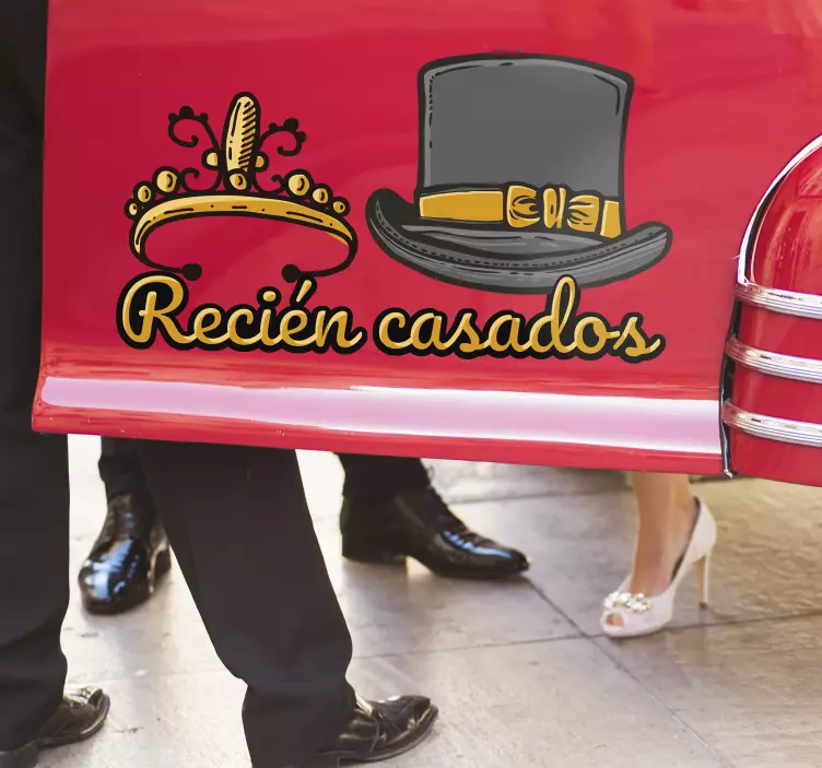 Pegatina boda para coche tiara y sombrero recién casados - TenVinilo