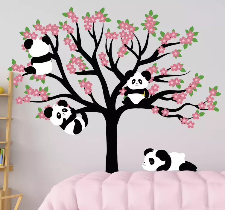 Vinilo animal salvaje árbol de primavera con pandas - TenVinilo